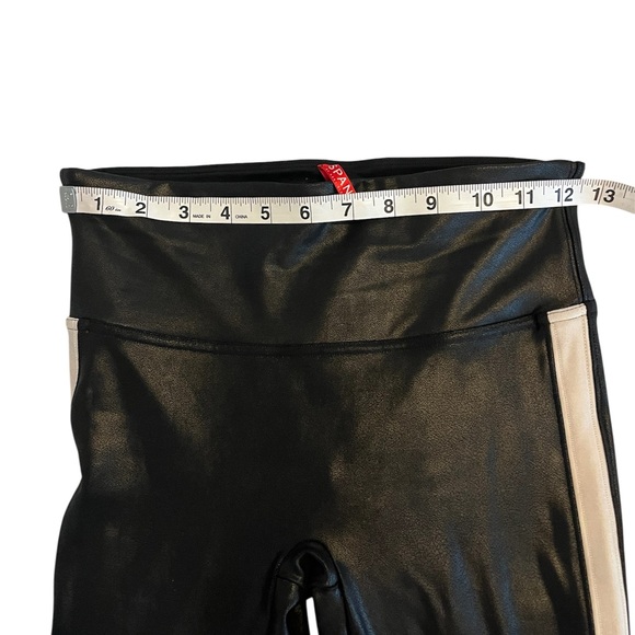 SPANX Black Faux Leather Leggings White Stripe Accent Edgy Athleisure Sporty - Picture 7 of 11